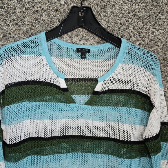 Talbots Top Womens SP Petite Small Blue Striped Open Knit Linen Blend Ladies - Picture 4 of 7